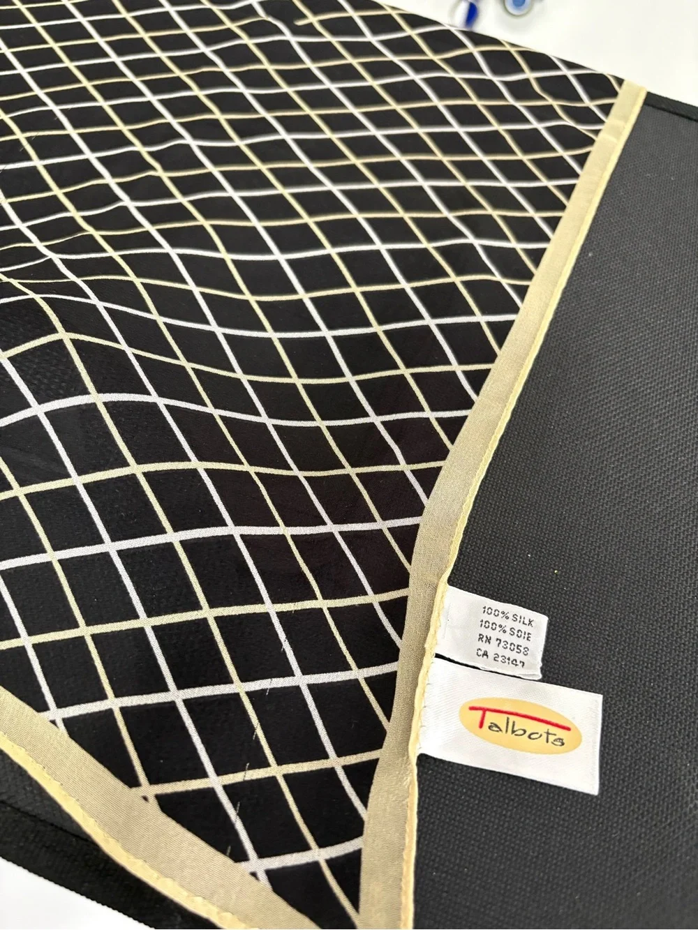 Talbots 100% Silk Scarf Black White Yellow Grid Plaid  Vintage 21
